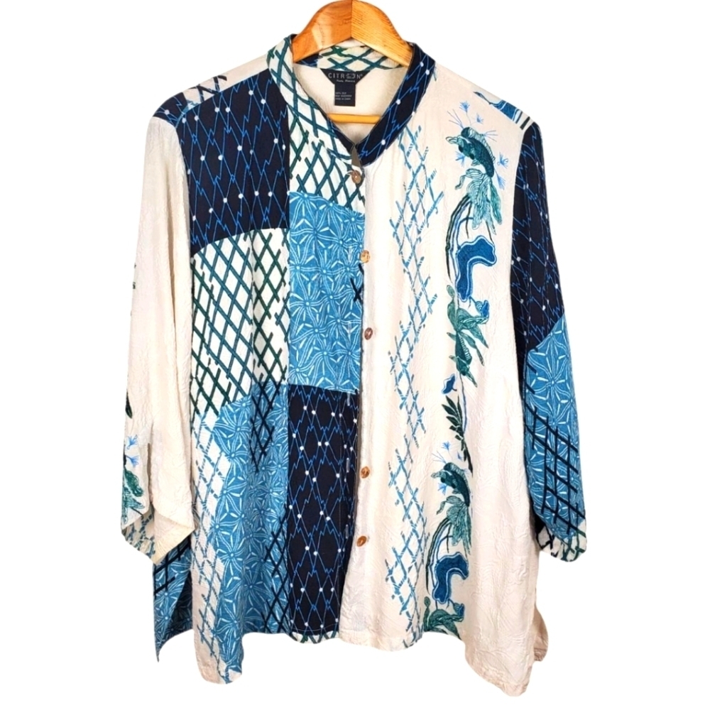 Citron Women's Silk Blue and White Patchwork Patterned Blouse. O/S. #304